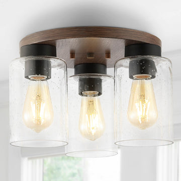 Nola 13" Bohemian Farmhouse Iron/Seeded Glass LED Semi Flush Mount - JONATHAN Y